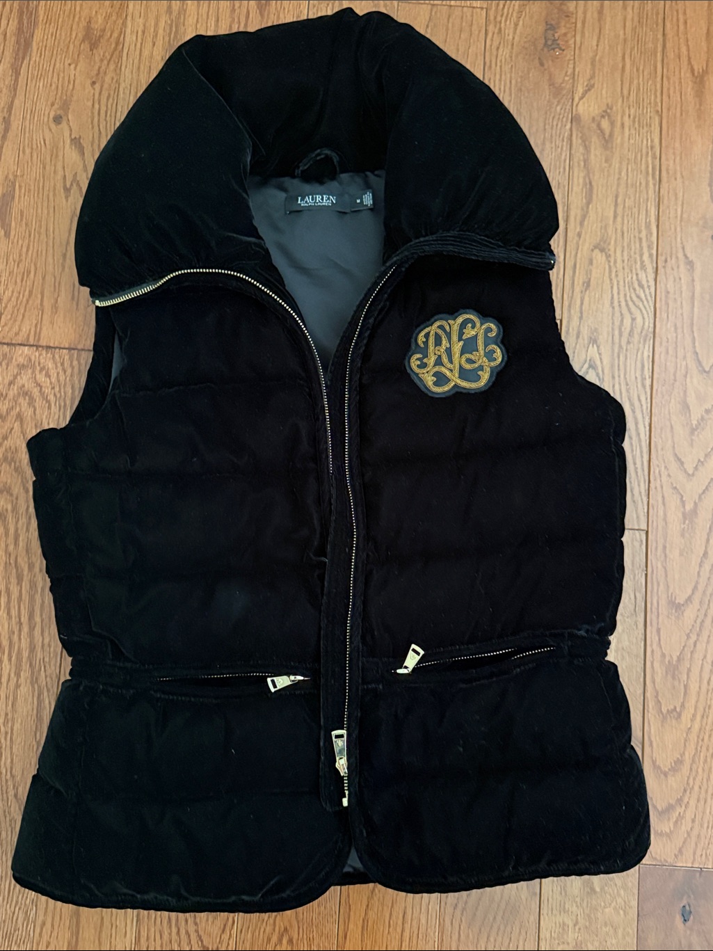 Lauren Ralph Lauren Black Quilted Velvet Vest With Gold Monogram Patch